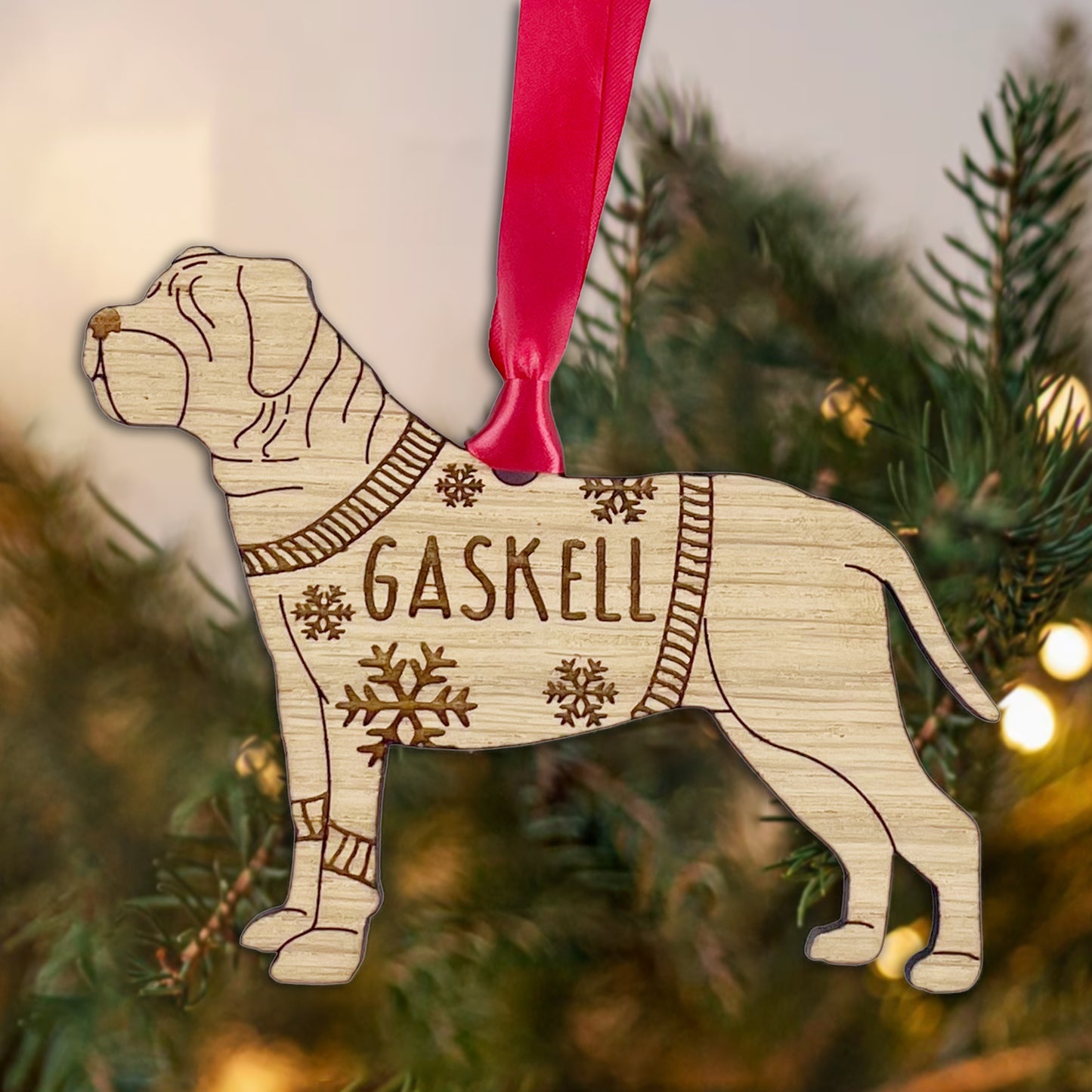 Wooden Dog Bauble Personalised French Mastiff Bauble Jumper Dog Bauble - Oak Veneer Wood - Add any name: French Mastiff