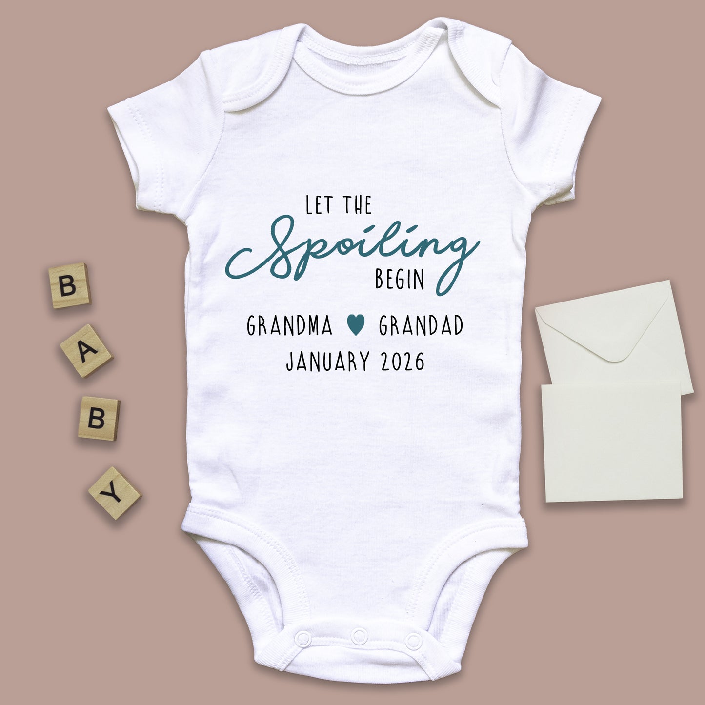 Personalised 'Let The Spoiling Begin' Baby Announcement Baby Grow Vest Add any Name and Date - First Outfit - Baby Shower - New Baby