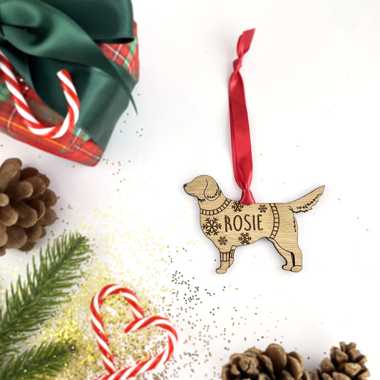 Personalised Golden Retriever Bauble Jumper Dog Bauble - Oak Veneer Wood - Add any name