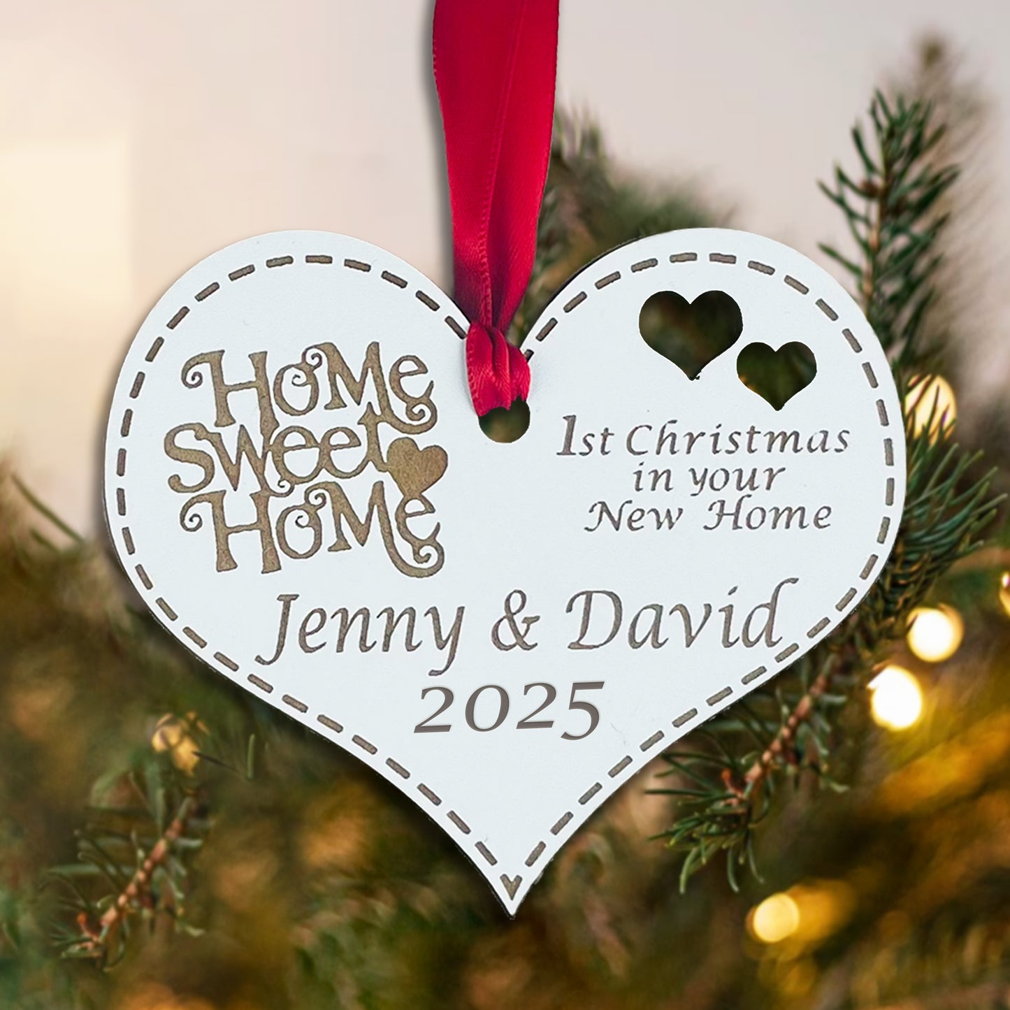Personalised Wooden First Christmas in New Home Heart - Add your names and year
