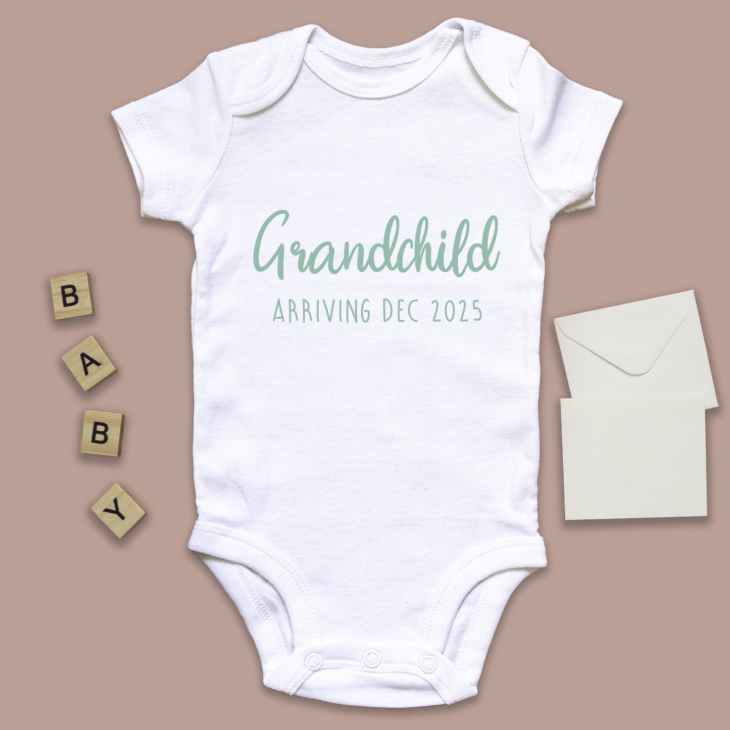 Personalised Grandchild Arriving Baby Announcement Baby Grow Vest Add any Date - Baby Shower - New Baby
