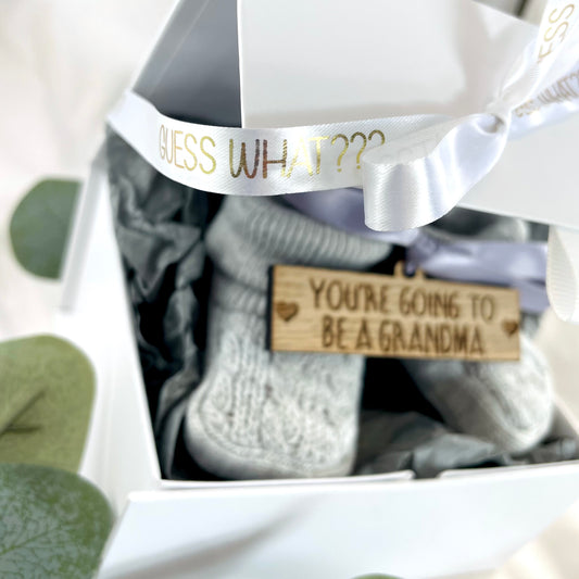 Guess What' Booties - Grey & Gift Boxed - "You're Going to Be..." - A Grandma