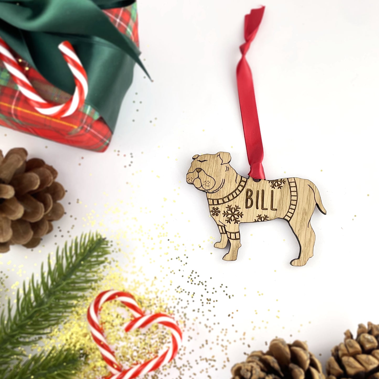 Personalised Bulldog Bauble Jumper Dog Bauble - Oak Veneer Wood - Add any name