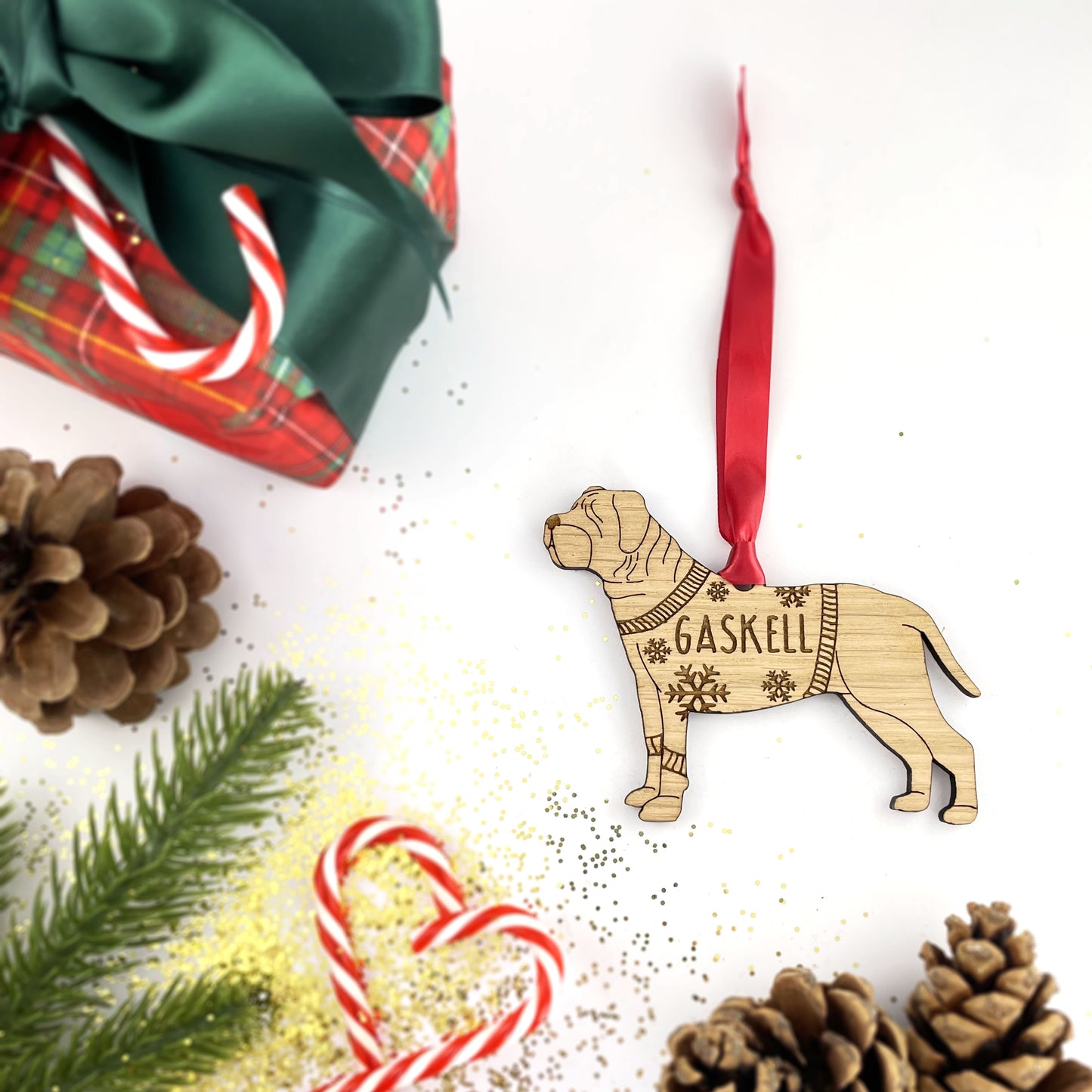 Wooden Dog Bauble Personalised French Mastiff Bauble Jumper Dog Bauble - Oak Veneer Wood - Add any name: French Mastiff
