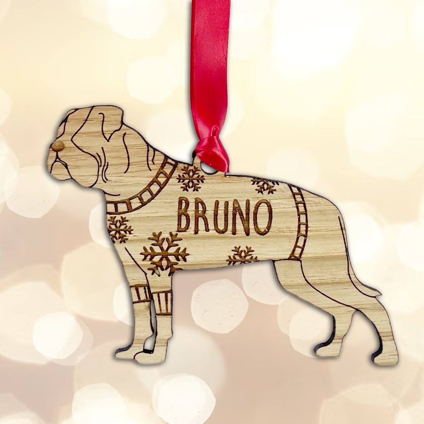 Personalised American Bulldog Bauble Jumper Dog Bauble - Oak Veneer Wood - Add any name