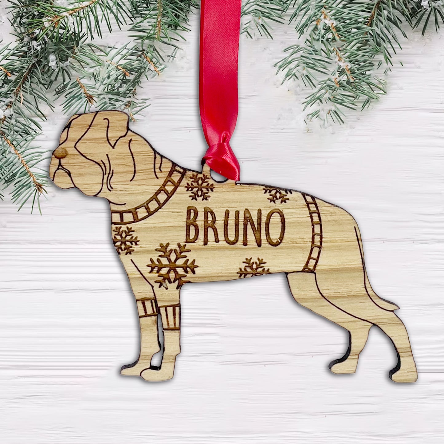 Personalised American Bulldog Bauble Jumper Dog Bauble - Oak Veneer Wood - Add any name