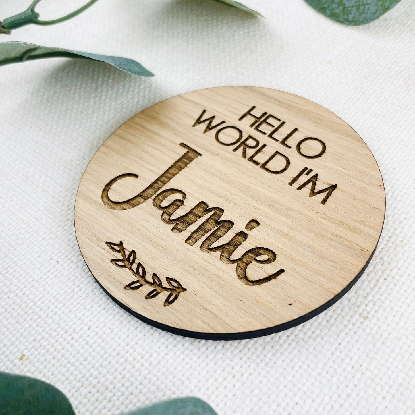 Personalised 'Hello World I'm Name' Disk | Sustainable Wooden Oak | Pregnancy Announcement Disk Baby Arrival Shower - Add Any Name!