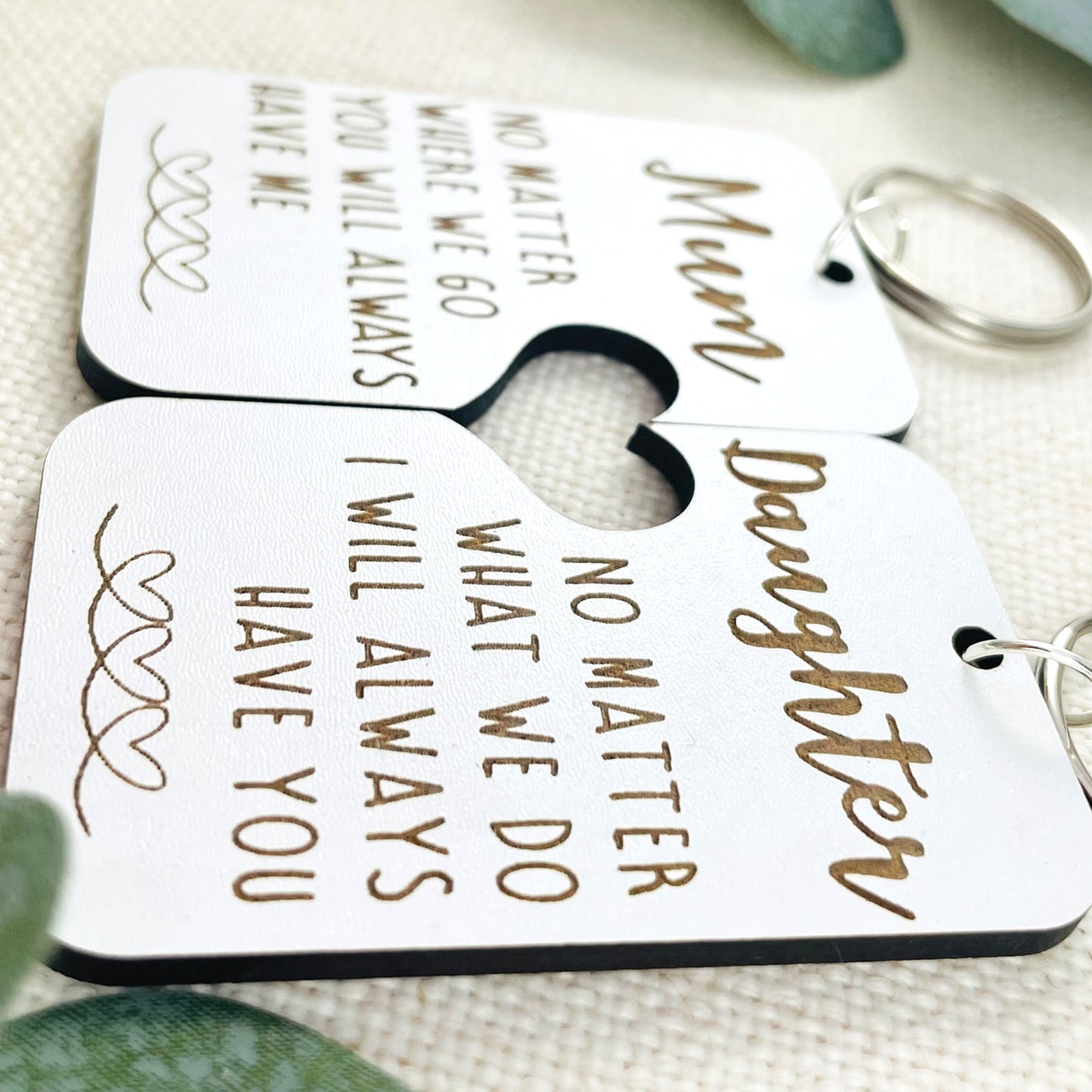 Mum & Daughter Keyring White Wood - Heart Cut Out - Mothers Day Gift
