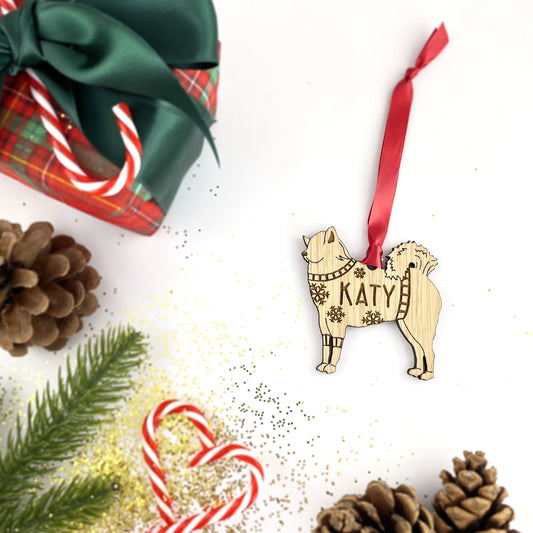 Personalised Eurasier Bauble Jumper Dog Bauble - Oak Veneer Wood - Add any name
