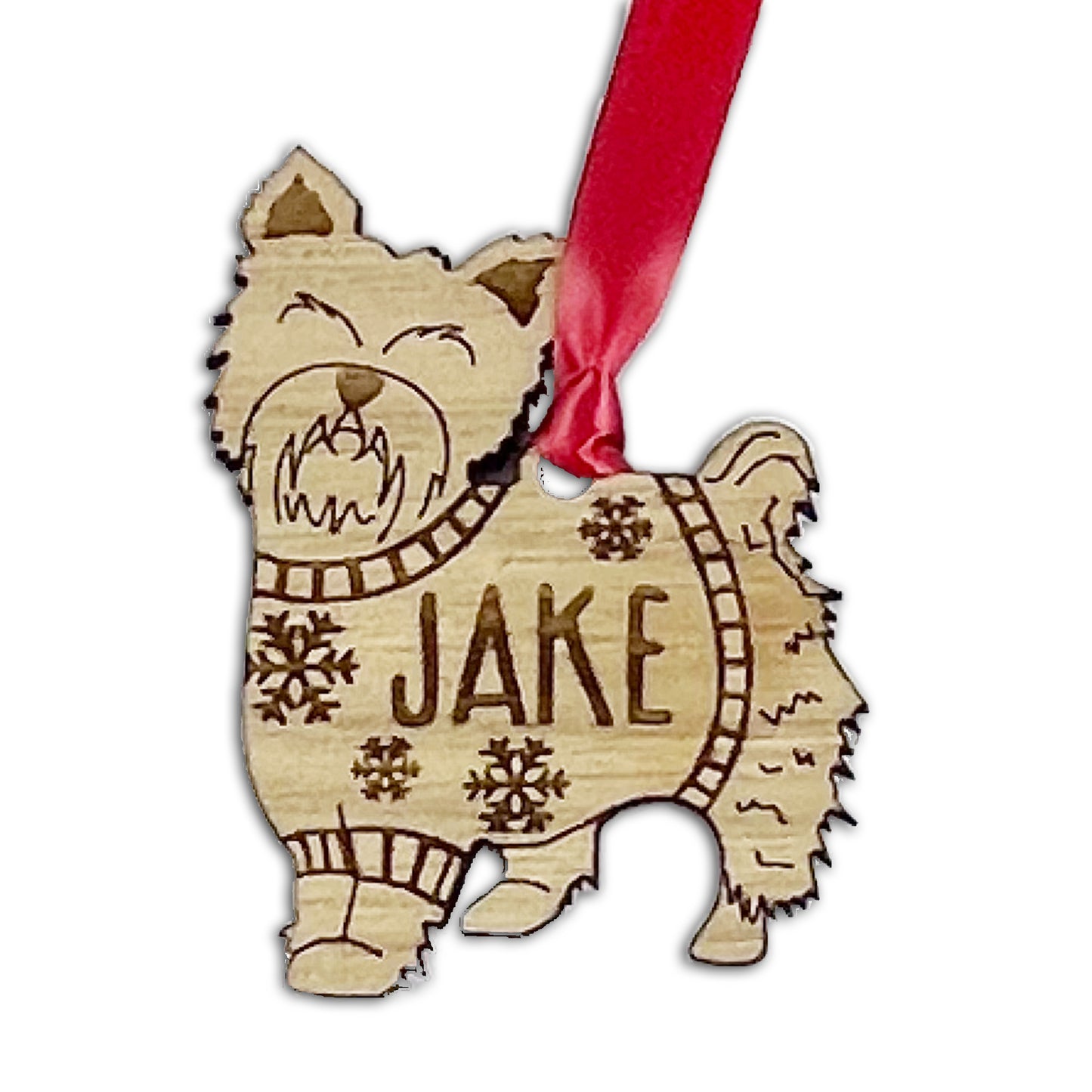 Personalised Yorkshire Terrier Bauble Jumper Dog Bauble - Oak Veneer Wood - Add any name