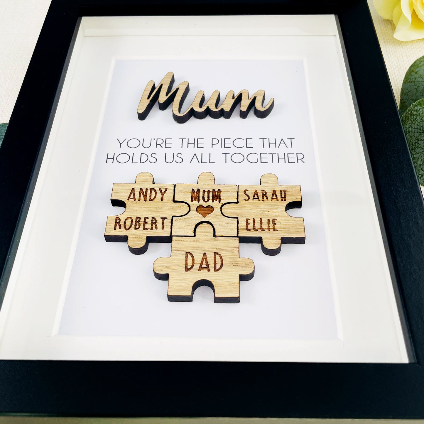 Personalised Mum Wooden 'You're the Piece That Holds Us Together' Mothers Day Puzzle Pieces Family Box Frame - Add your family names