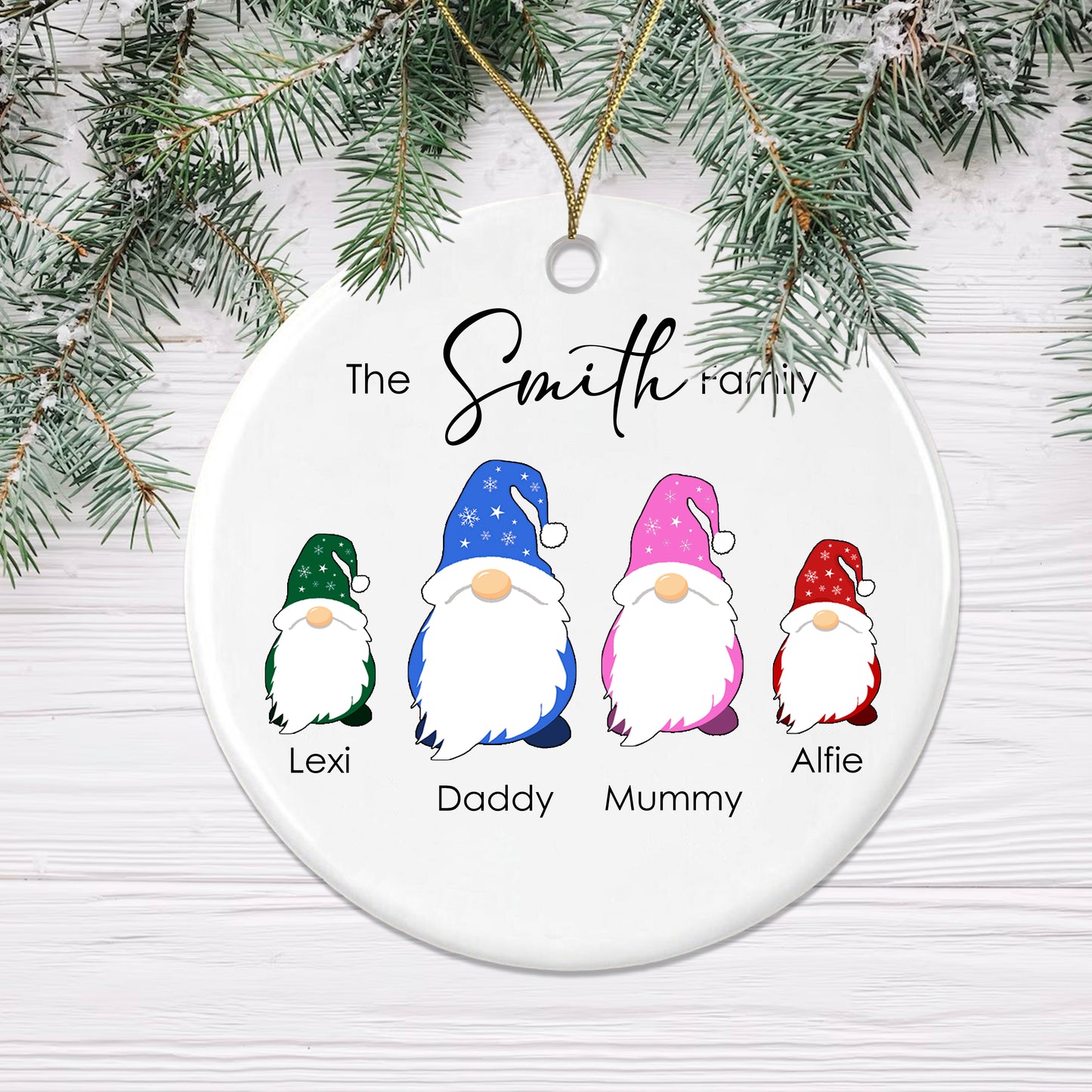 Personalised Gonk Family Christmas Bauble Cermic - 2 Children Names + Surname Gift Boxed