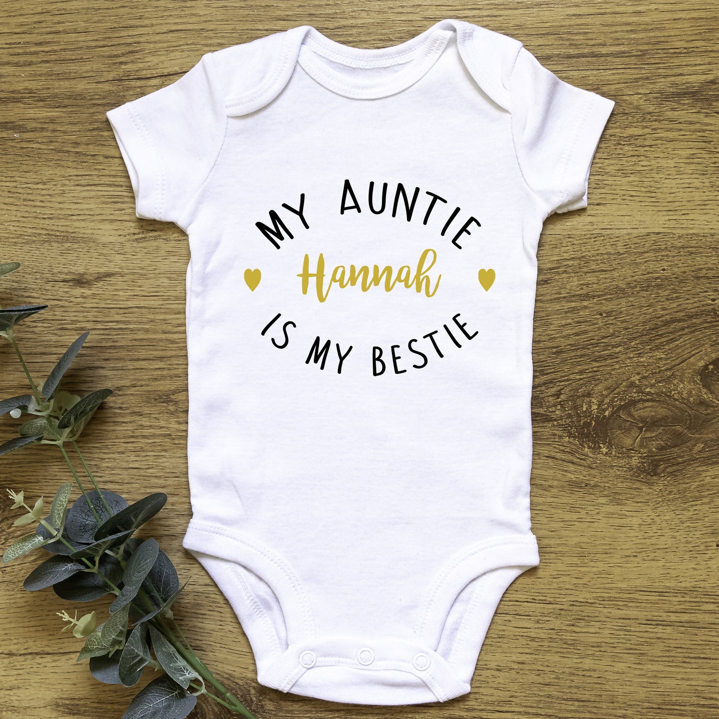 Personalised My Auntie is My Bestie Baby Grow Vest - Gold Text - New Baby - Baby Announcement