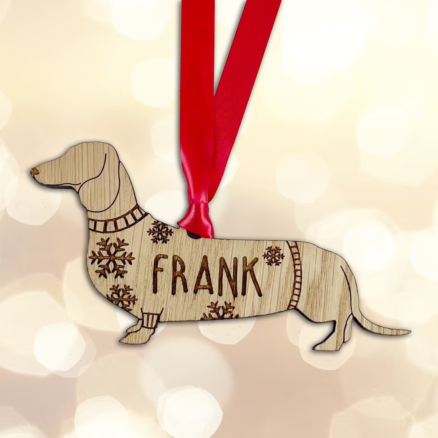 Personalised Dachshund Bauble Jumper Dog Bauble - Oak Veneer Wood - Add any name