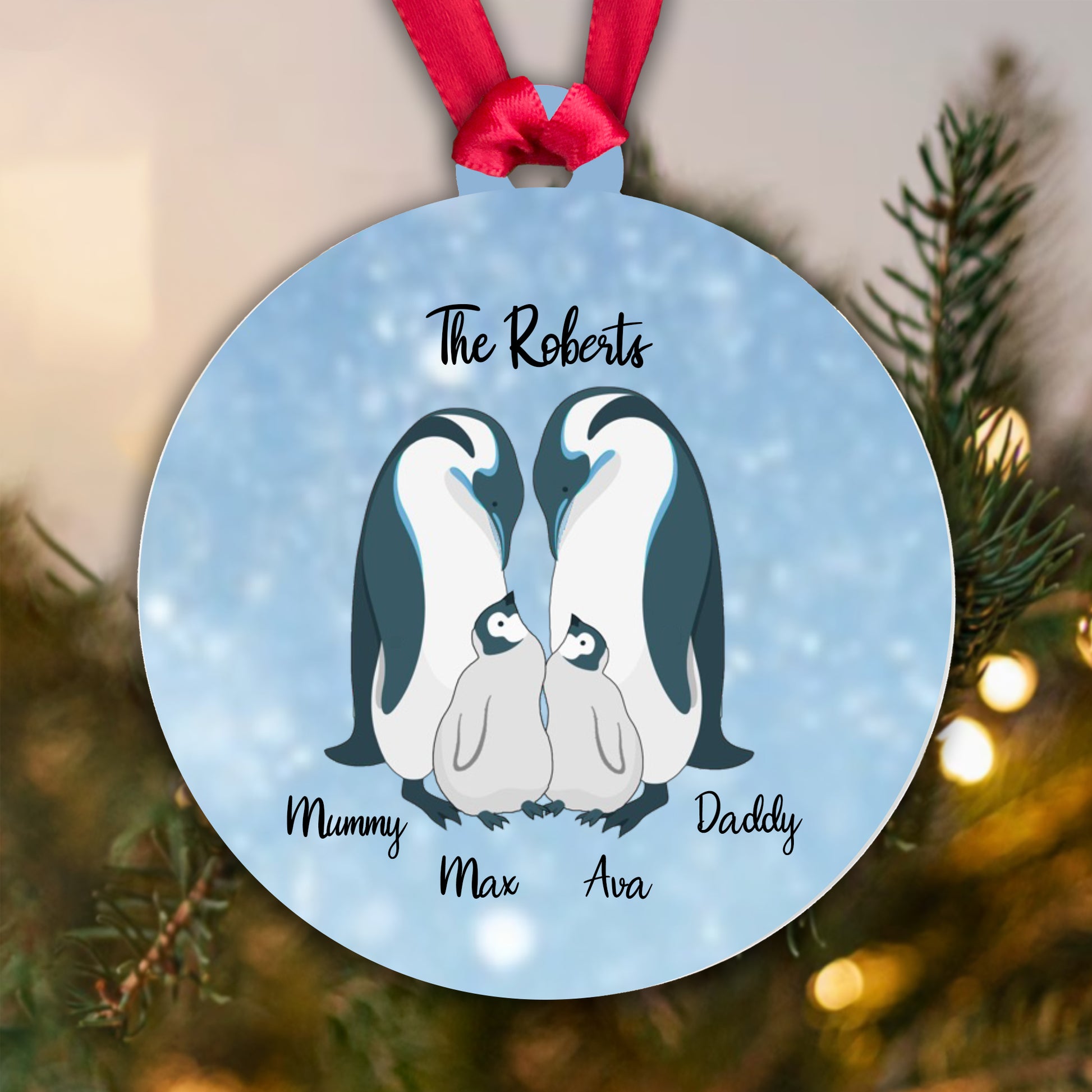 Personalised Penguin Family Blue Bauble - 2 Children