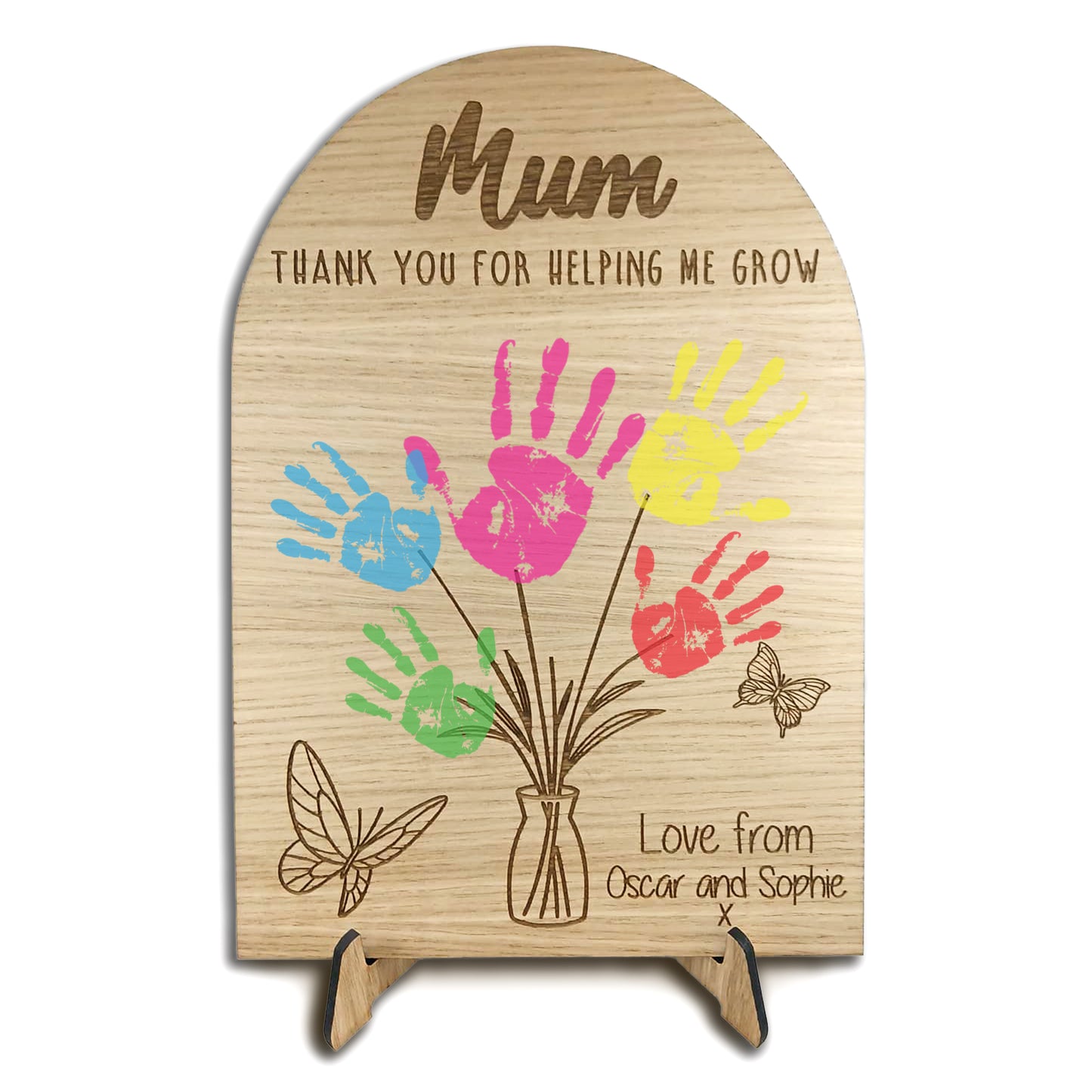 Personalised Mum Handprint Plaque, Thank You For Helping Me Grow Wooden Gift, Mother’s Day Present from Kids, Mum Birthday Keepsake Sign