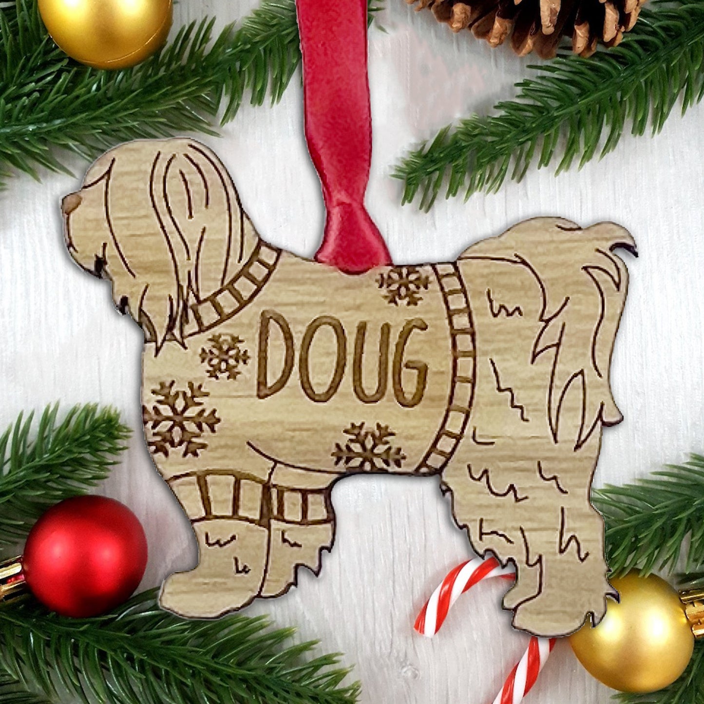 Personalised Tibetan Terrier Bauble Jumper Dog Bauble - Oak Veneer Wood - Add any name