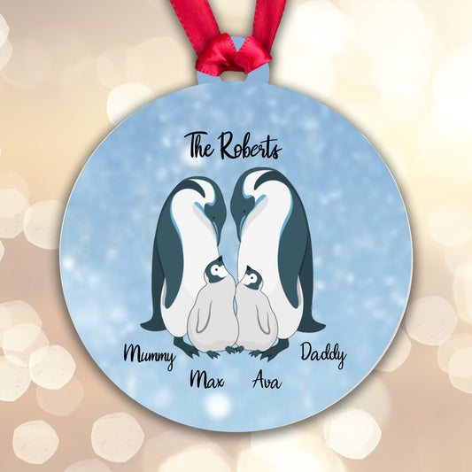 Personalised Penguin Family Blue Bauble - 2 Children