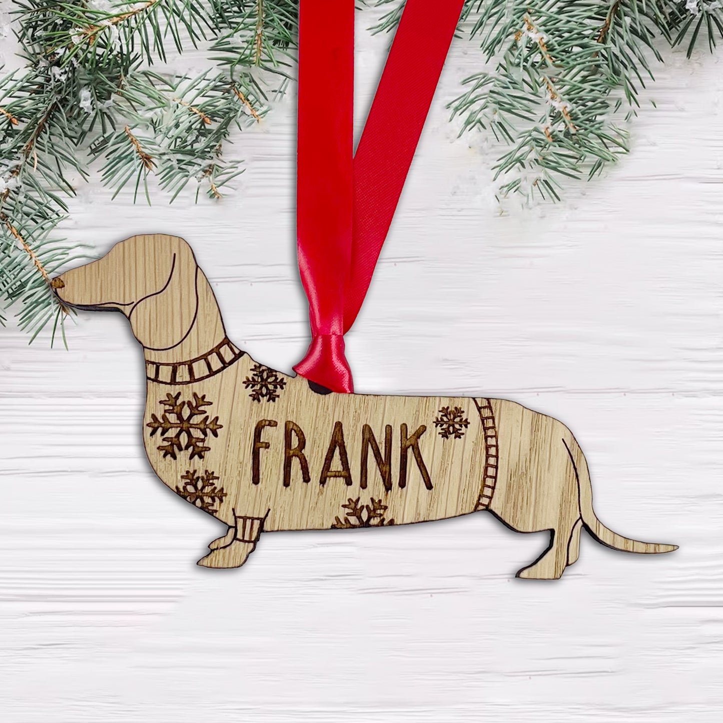 Personalised Dachshund Bauble Jumper Dog Bauble - Oak Veneer Wood - Add any name