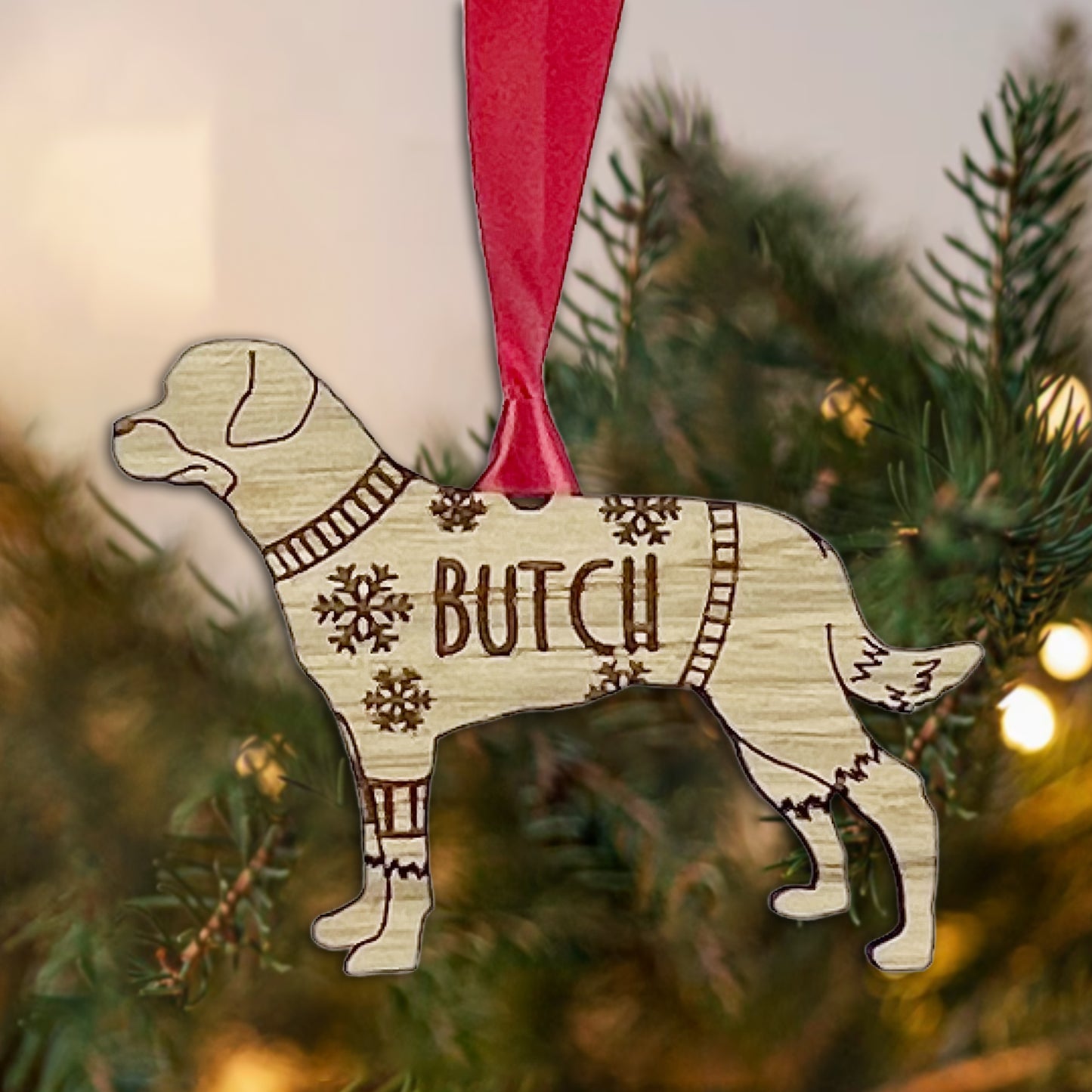 Personalised Rottweiler Bauble Jumper Dog Bauble - Oak Veneer Wood - Add any name