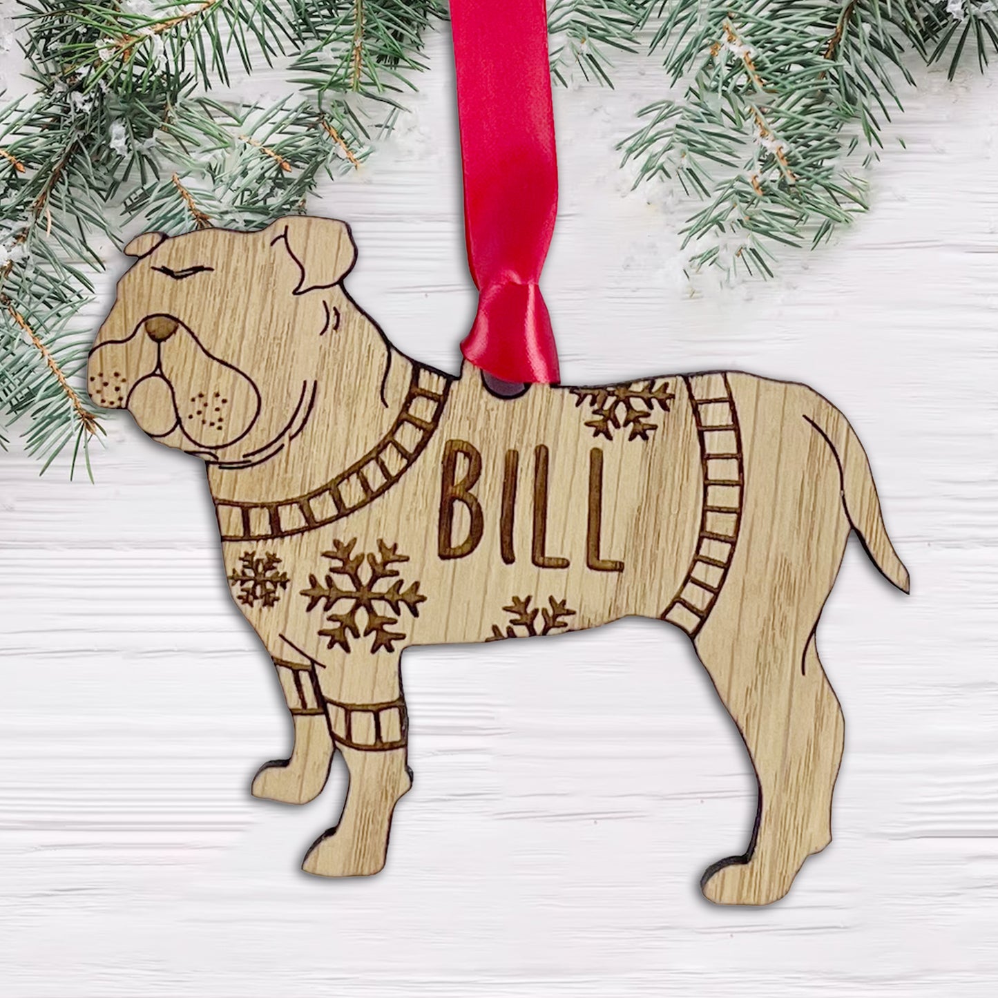 Personalised Bulldog Bauble Jumper Dog Bauble - Oak Veneer Wood - Add any name
