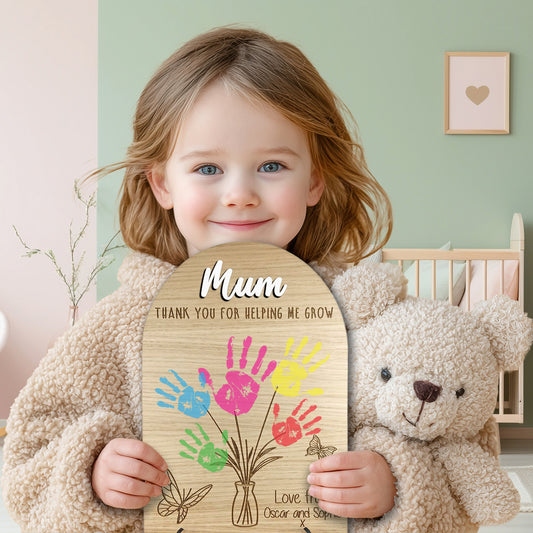 Personalised Mum Handprint Plaque, Thank You For Helping Me Grow Wooden Gift, Mother’s Day Present from Kids, Mum Birthday Keepsake Sign