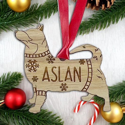 Personalised Swedish Vallhund Bauble Jumper Dog Bauble - Oak Veneer Wood - Add any name
