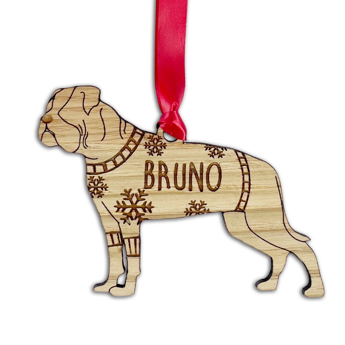 Personalised American Bulldog Bauble Jumper Dog Bauble - Oak Veneer Wood - Add any name