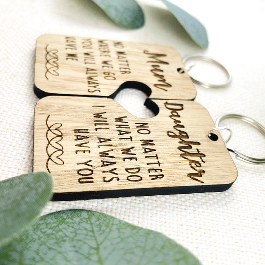 Mum & Daughter Keyring Wooden Oak Veneer - Heart Cut Out - Mothers Day Gift