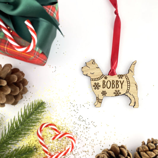 Personalised Cairn Terrier Bauble Jumper Dog Bauble - Oak Veneer Wood - Add any name