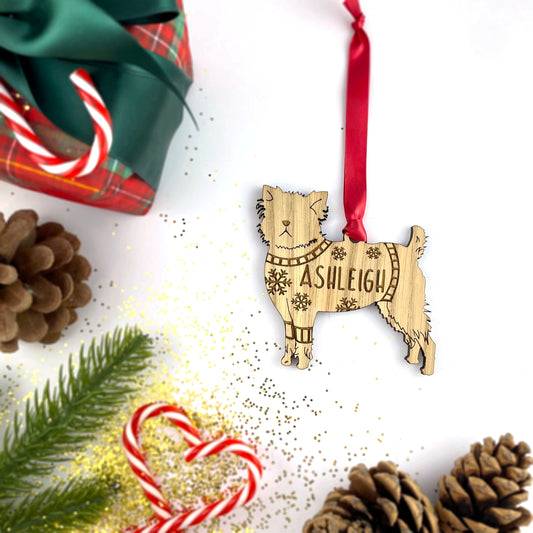 Personalised Affenpinscher Bauble Jumper Dog Bauble - Oak Veneer Wood - Add any name