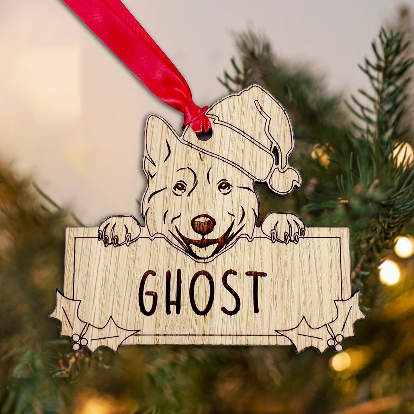 Personalised Husky Dog Bauble - Peeking Dog - Oak Veneer Wood - Add your own name!