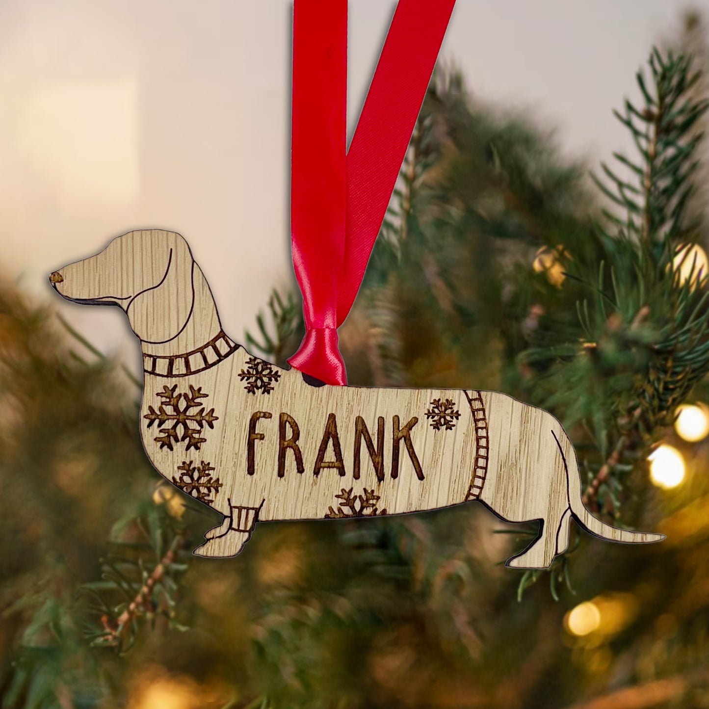 Personalised Dachshund Bauble Jumper Dog Bauble - Oak Veneer Wood - Add any name