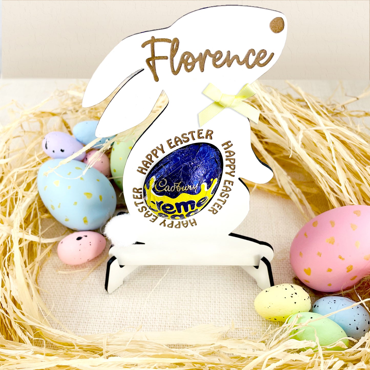 Personalised Easter Bunny White Wood Egg Holder with Easter Egg Display Stand