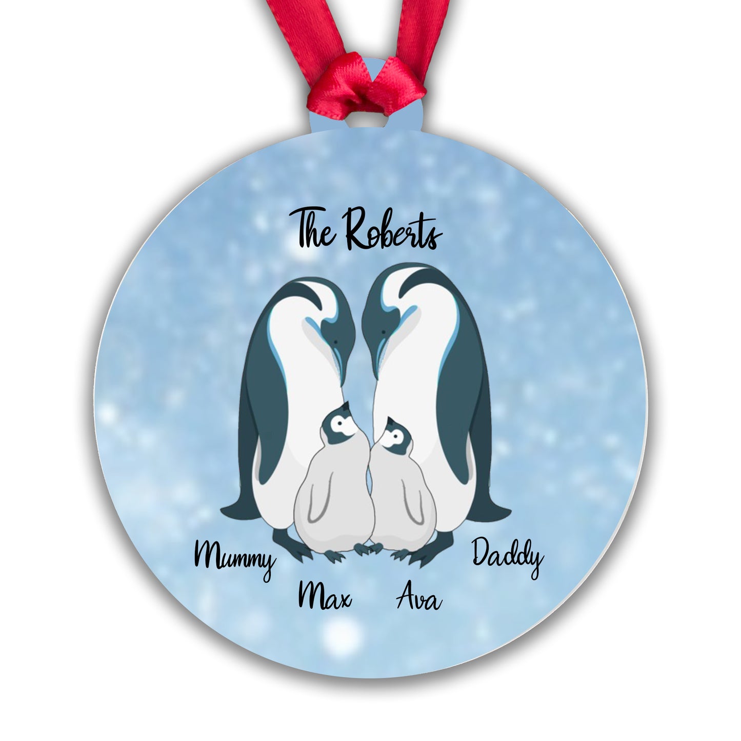 Personalised Penguin Family Blue Bauble - 2 Children