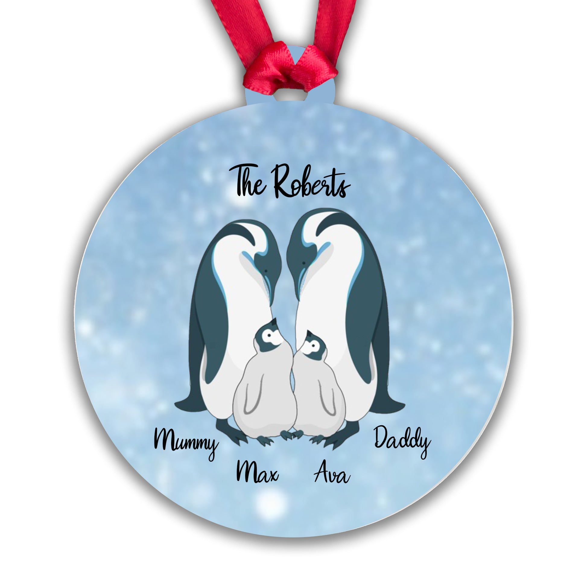 Personalised Penguin Family Blue Bauble - 2 Children