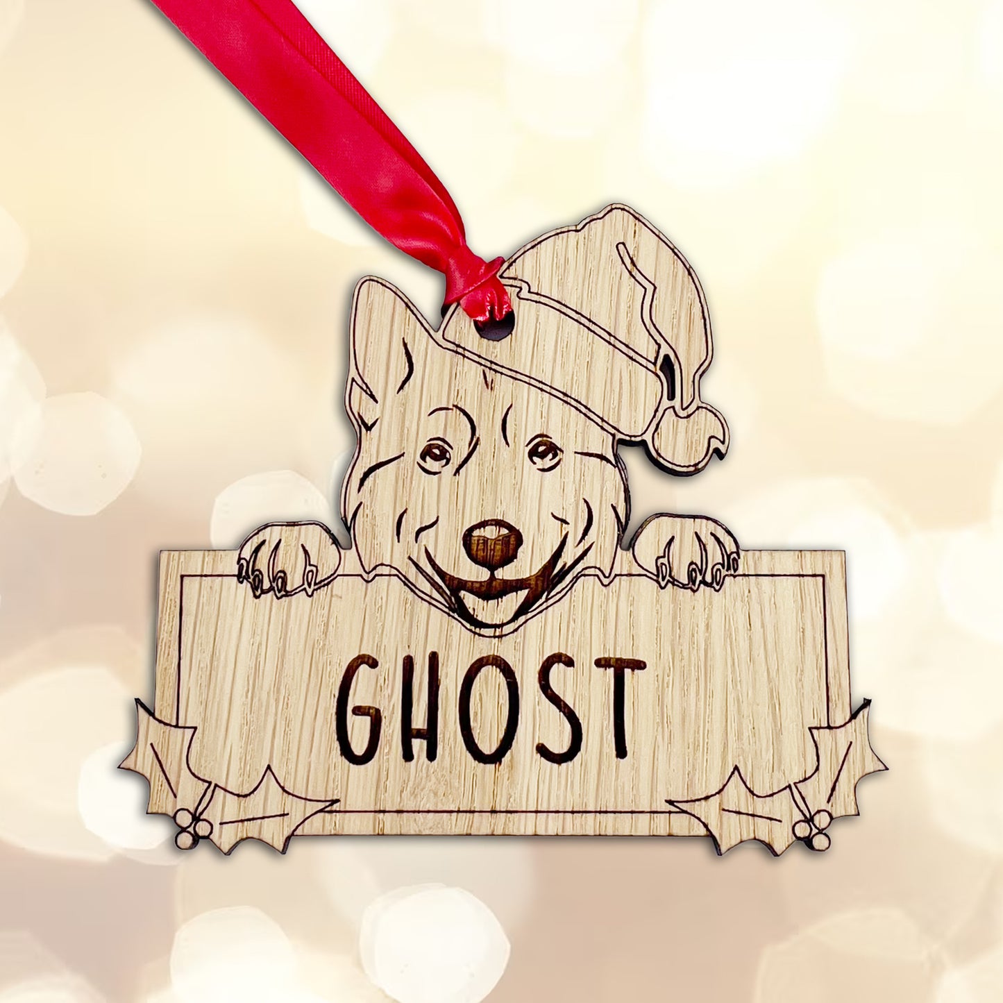 Personalised Husky Dog Bauble - Peeking Dog - Oak Veneer Wood - Add your own name!