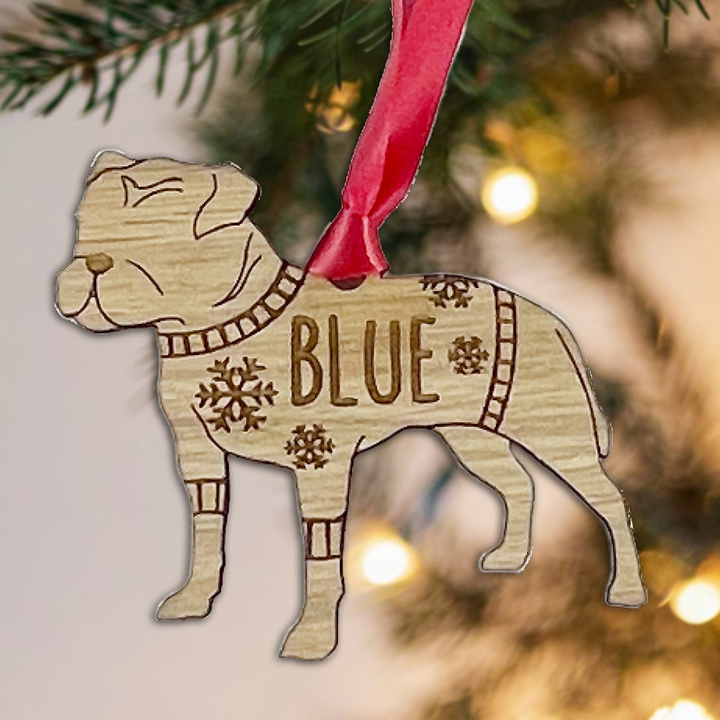 Personalised Staffy Bauble Jumper Dog Bauble - Oak Veneer Wood - Add any name