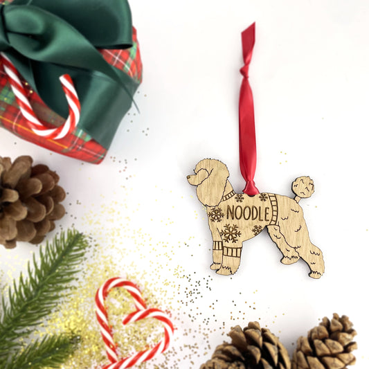 Personalised Poodle Bauble Jumper Dog Bauble - Oak Veneer Wood - Add any name