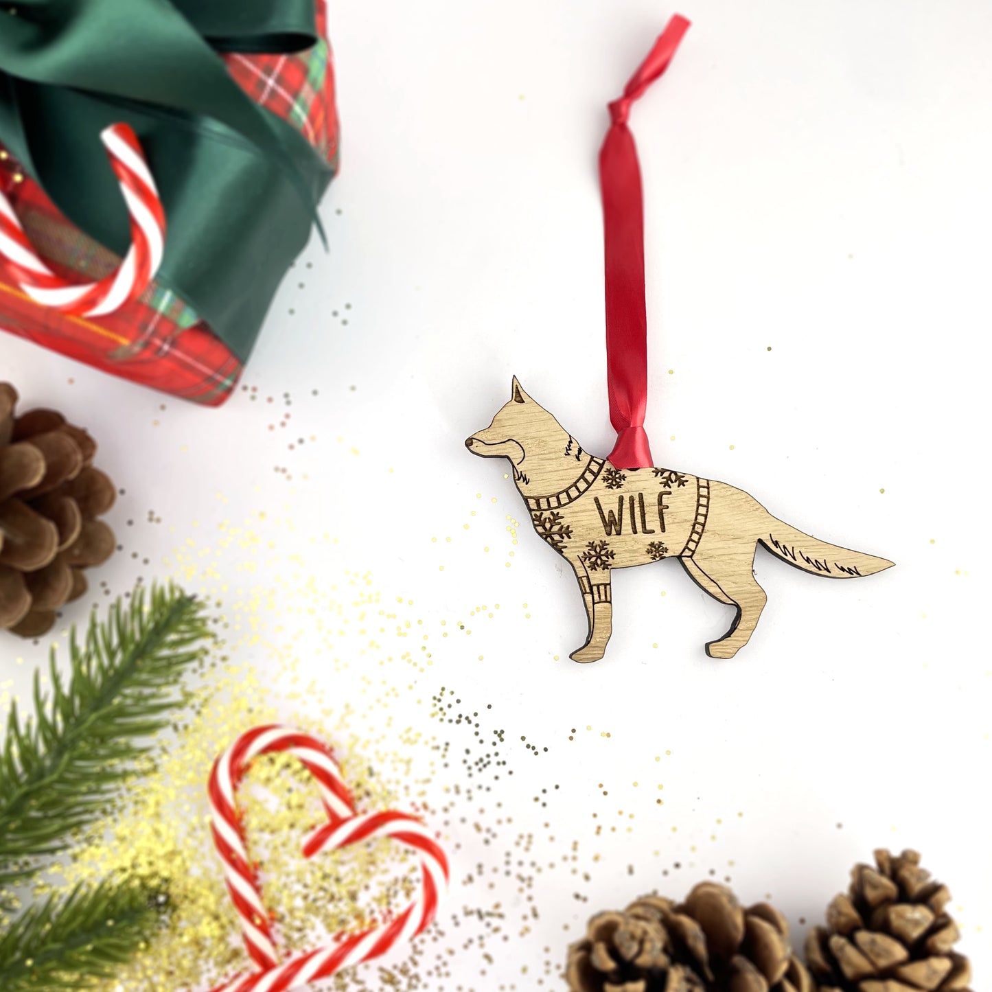 Personalised German Shepherd Bauble Jumper Dog Bauble - Oak Veneer Wood - Add any name