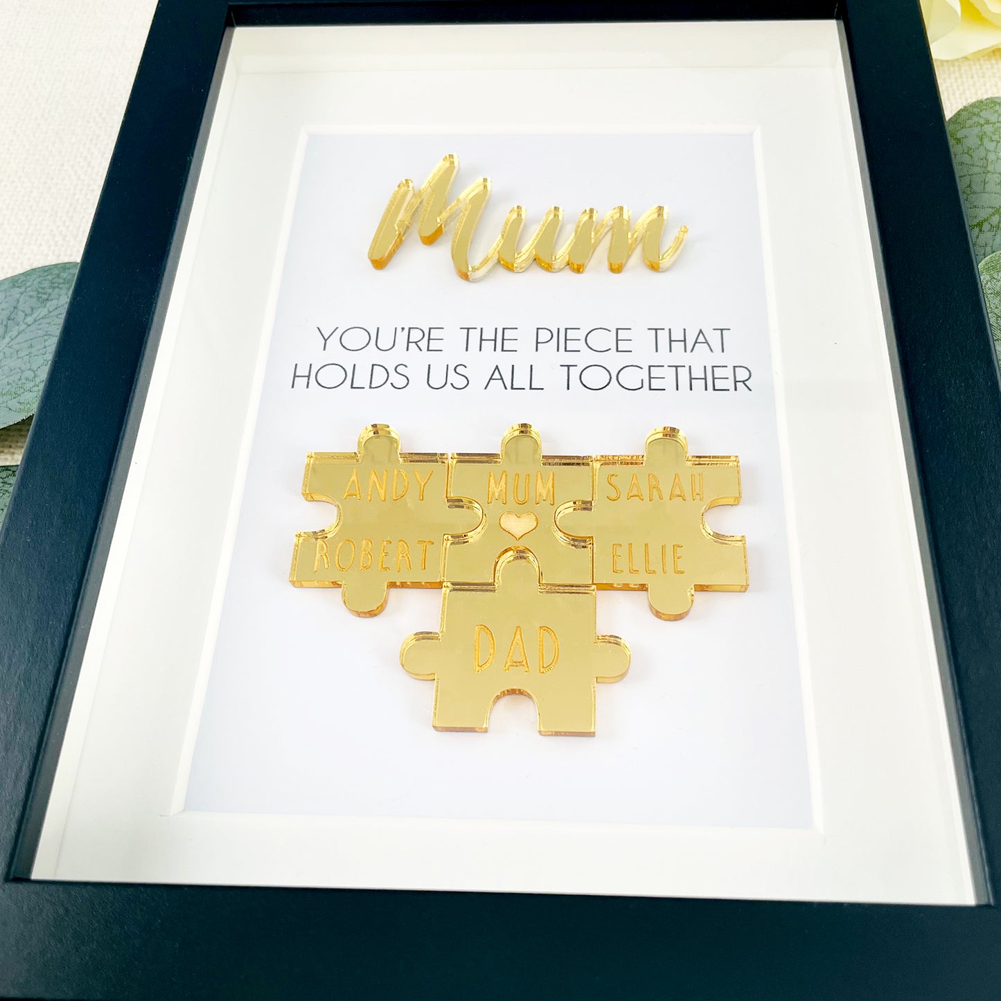 Personalised Mum Gold 'You're the Piece That Holds Us Together' Mothers Day Puzzle Pieces Family Box Frame