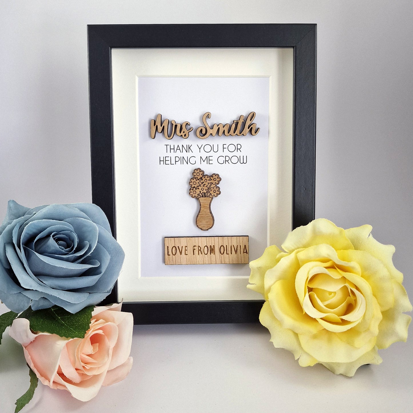 Personalised Teacher Thank You Frame, Wooden Box Frame with Custom Names, Thank You For Helping Me Grow, End of School Teacher's Day