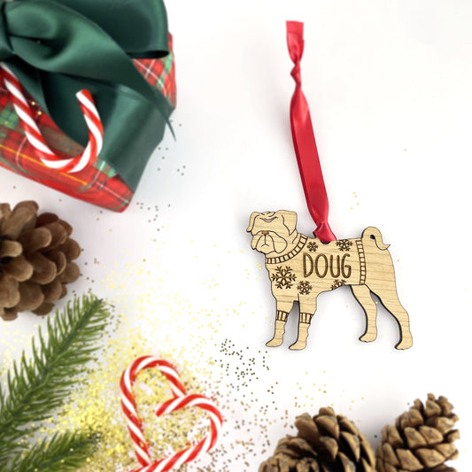 Personalised Pug Bauble Jumper Dog Bauble - Oak Veneer Wood - Add any name