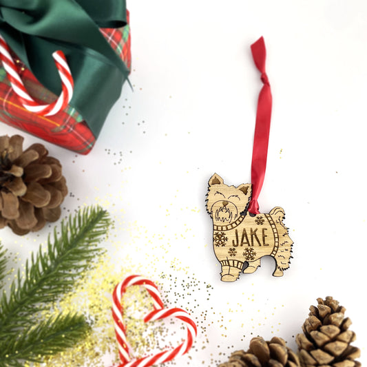 Personalised Yorkshire Terrier Bauble Jumper Dog Bauble - Oak Veneer Wood - Add any name