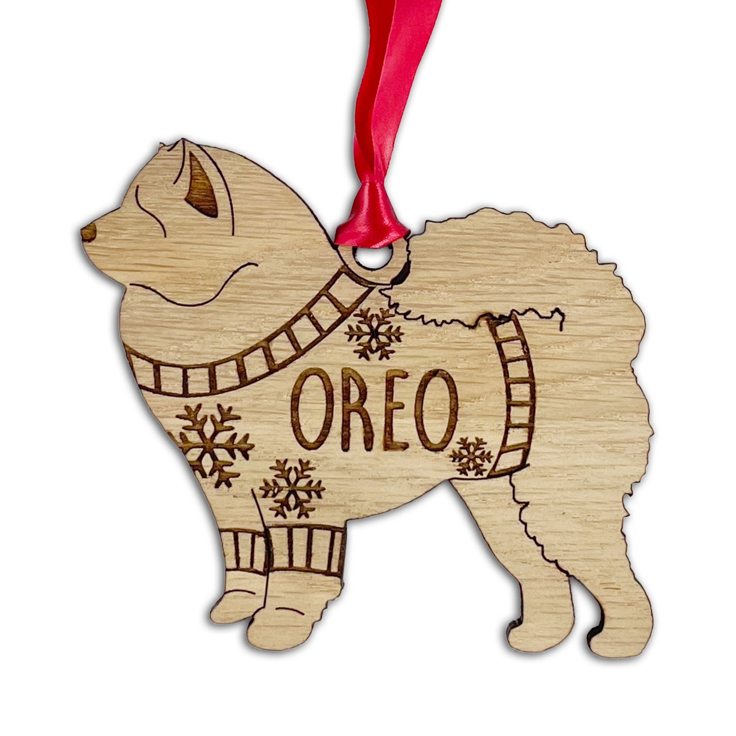 Personalised Chow Chow Bauble Jumper Dog Bauble - Oak Veneer Wood - Add any name