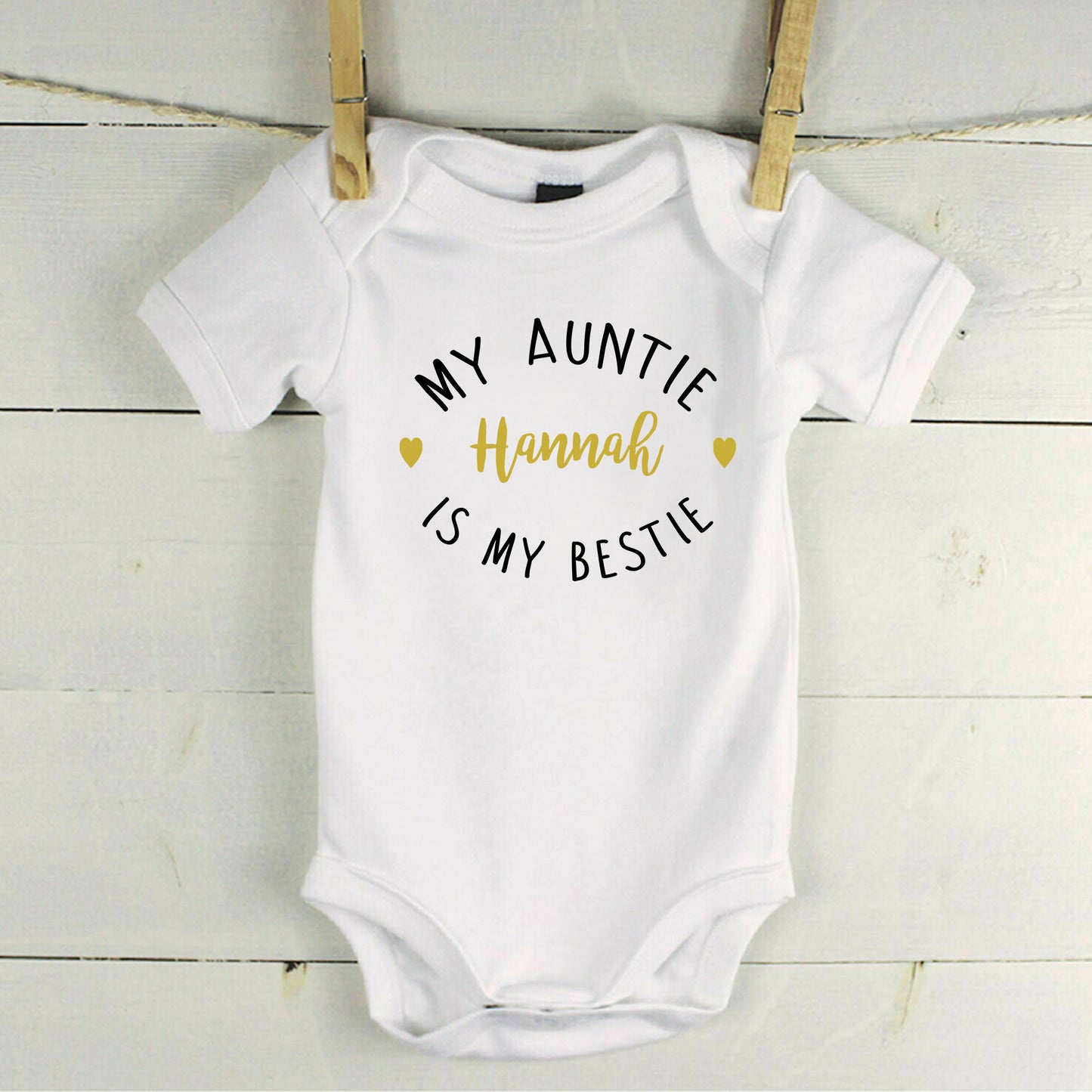 Personalised My Auntie is My Bestie Baby Grow Vest - Gold Text - New Baby - Baby Announcement