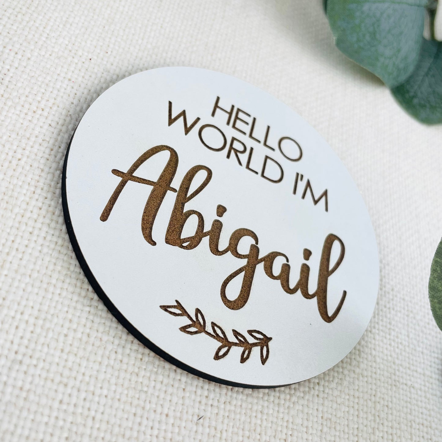 Personalised 'Hello World I'm Name' Disk | Sustainable Wooden Oak | Pregnancy Announcement Disk Baby Arrival Shower - Add Any Name!