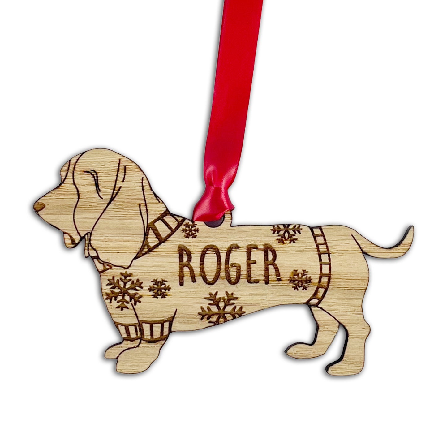 Personalised Basset Hound Bauble Jumper Dog Bauble - Oak Veneer Wood - Add any name