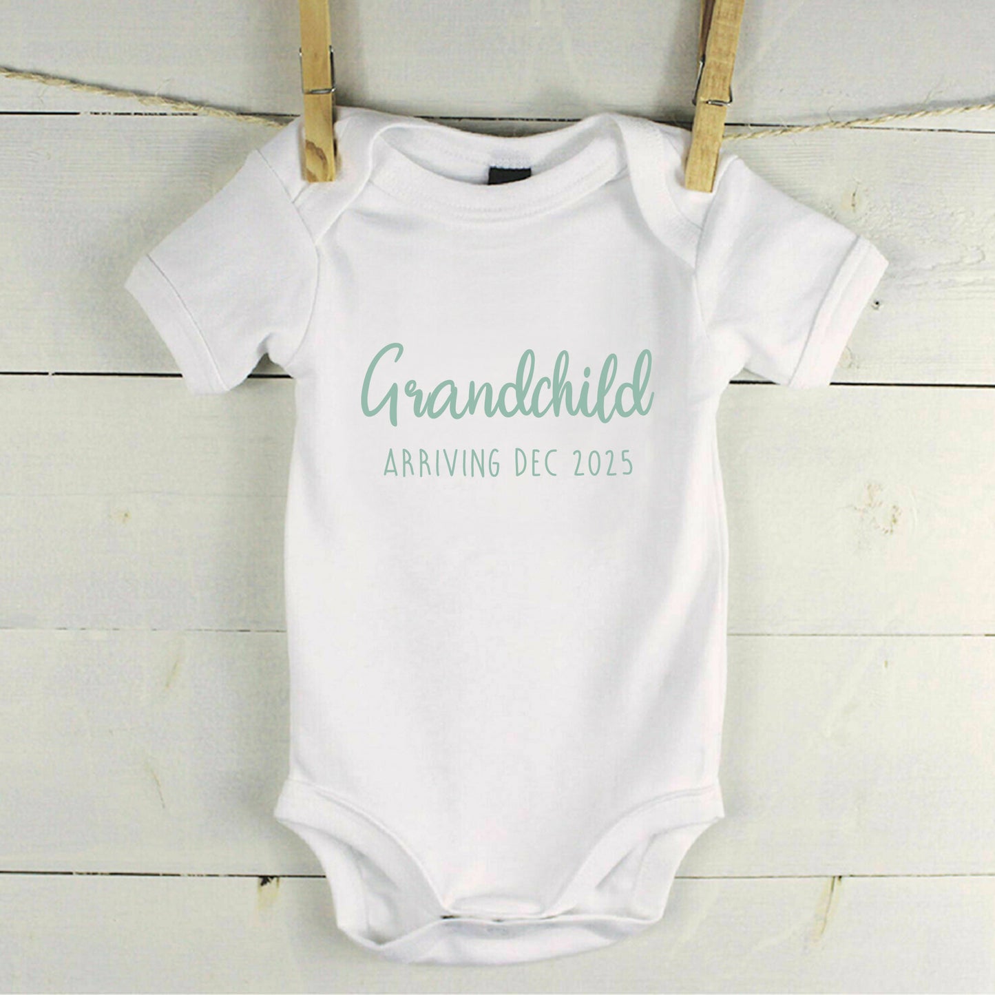 Personalised Grandchild Arriving Baby Announcement Baby Grow Vest Add any Date - Baby Shower - New Baby