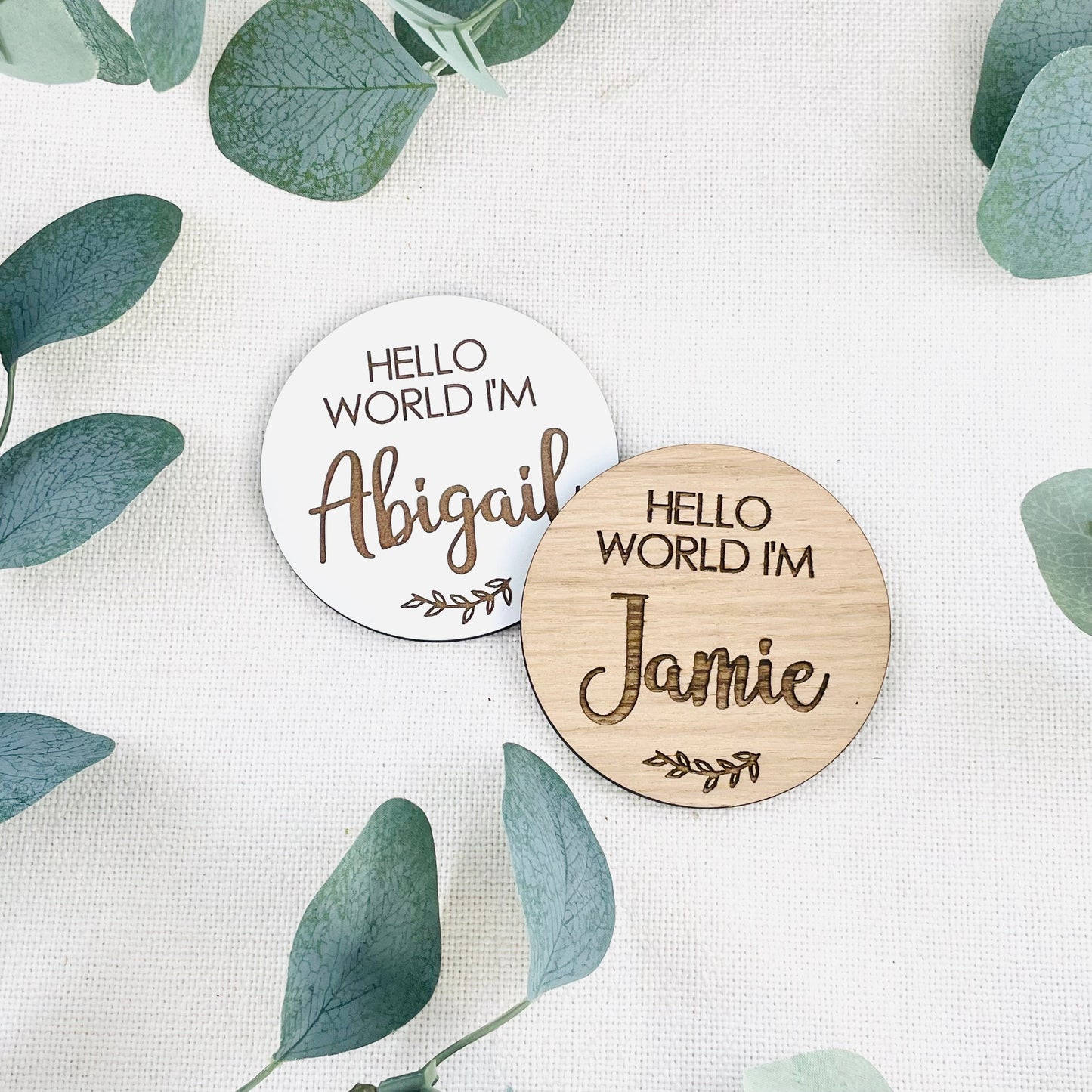 Personalised 'Hello World I'm Name' Disk | Sustainable Wooden Oak | Pregnancy Announcement Disk Baby Arrival Shower - Add Any Name!
